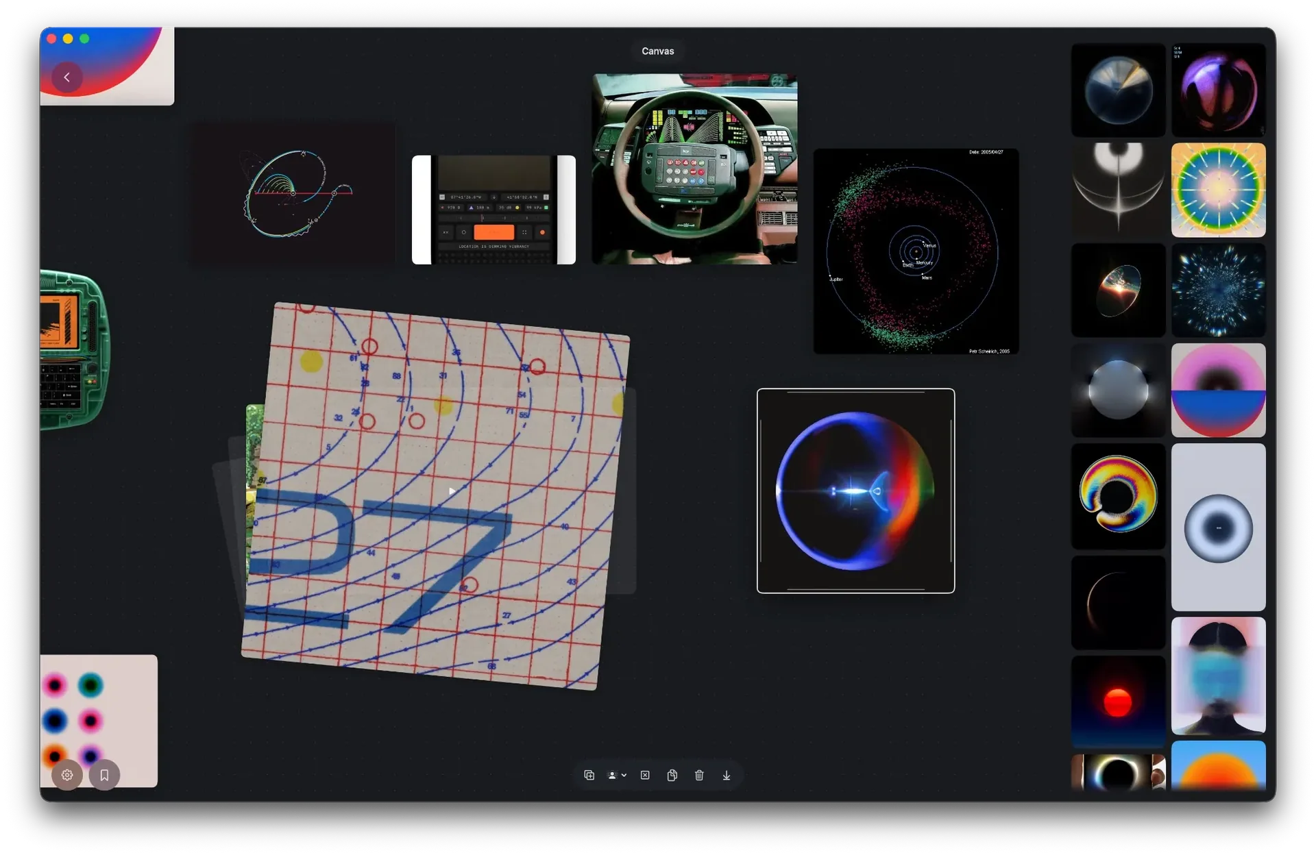 The Fauna app window open on a canvas: images, diagrams and a scanned chart arranged freely on an open board, with visually similar suggestions in a rail on the right and the canvas tools along the bottom.