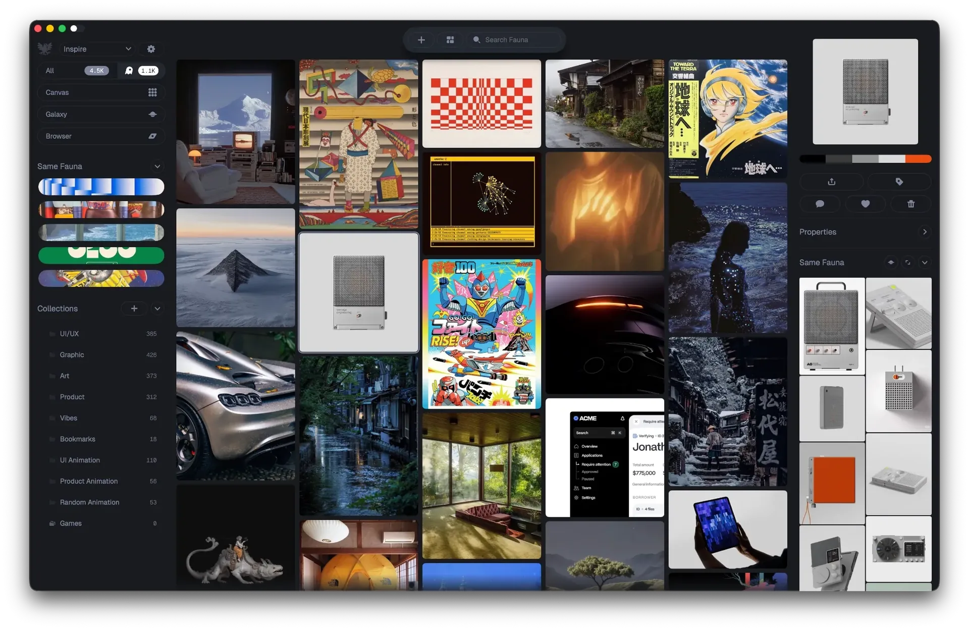 The Fauna app window: images, posters, product shots and screenshots laid out together in a waterfall grid, with a selected asset and its visually similar matches in the right panel.