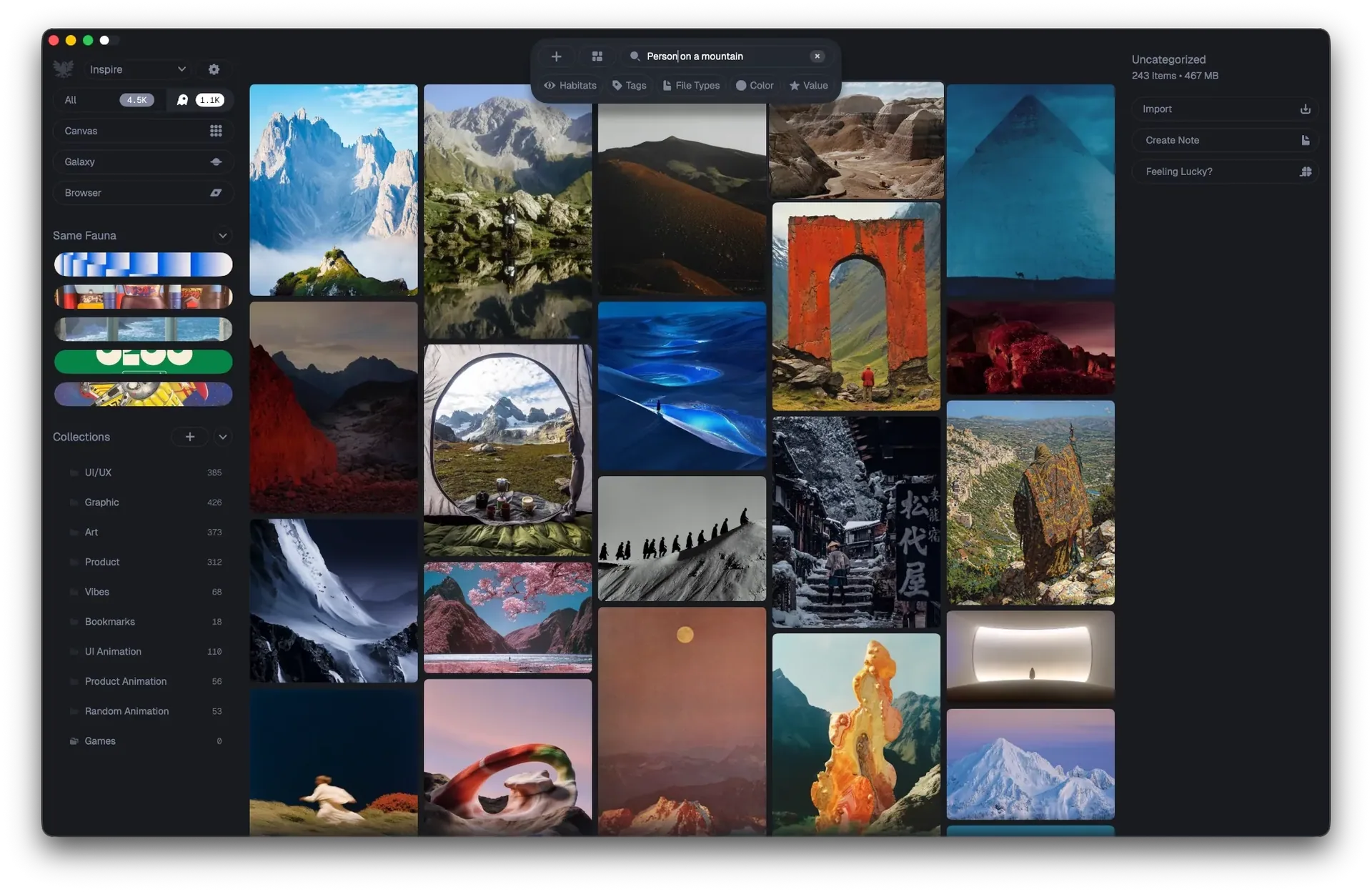 The Fauna app window answering the search “Person on a mountain”: peaks, ridges and lone figures in landscapes fill the grid, with filters for habitats, tags, file types, colour and value under the search field.